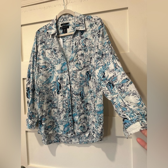 Tahari linen medium long sleeve blouse button down top - Picture 4 of 9